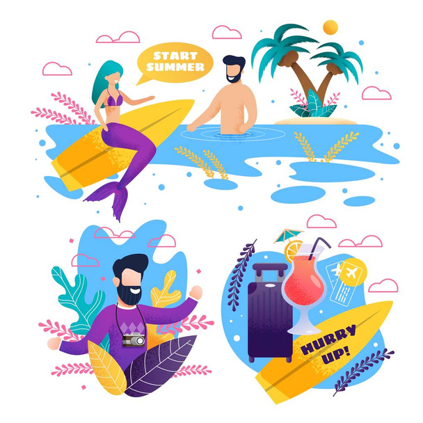 Abierto verano y surf temporada publicidad conjunto
 - Vector, imagen