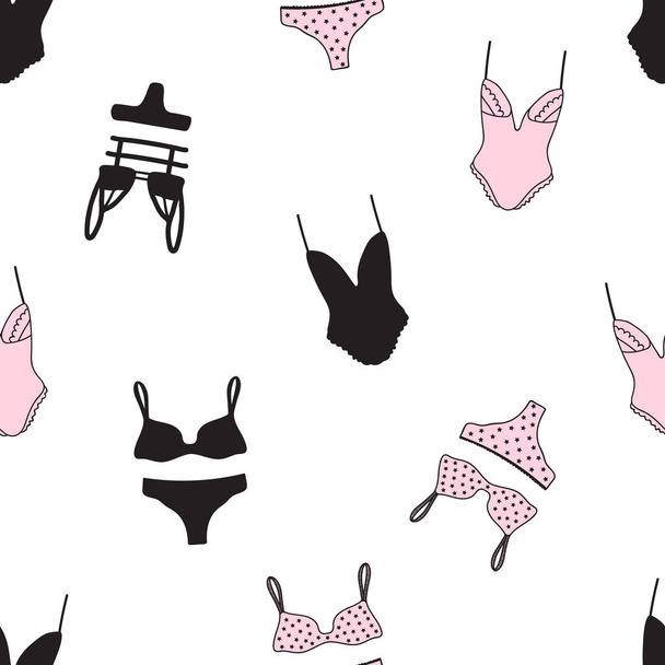 Seamless pattern with women underwear. Lingerie background. Hand - Вектор,изображение