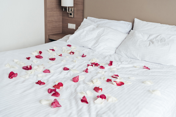 witte en roze rozenblaadjes op wit blad op bed in de slaapkamer - Foto, afbeelding