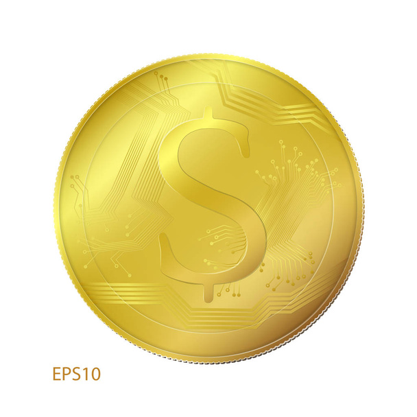 Gouden munt met dollarteken geïsoleerd op wit. - Vector, afbeelding