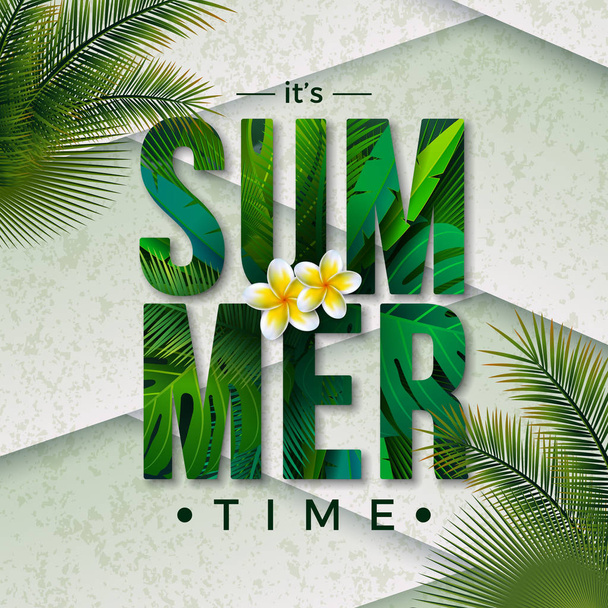 Vector Summer Time Illustration with Typography Letter and Tropical Palm Leaves on Nature Green Background. Exotic Plants and Flower for Holiday Banner, Flyer, Invitation, Brochure, Poster or Greeting - Vector, afbeelding