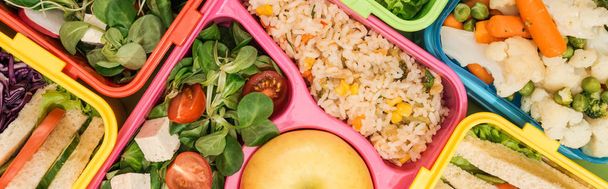 panoramic shot of lunch boxes with food - Photo, Image
