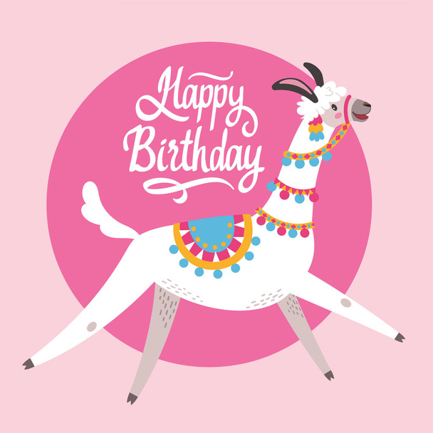 Illustration with llama, Round composition on pink vector doodle elements. Greeting card with Alpaca. Happy birthday. - Vettoriali, immagini