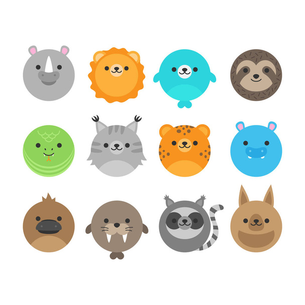Cute vector icon set of random wild, zoo animals. Round animal illustrations; rhinoceros, lion, seal, sloth, snake, lynx, cheetah, hippopotamus, platypus, walrus, lemur, kangaroo. Isolated. - Vector, Image