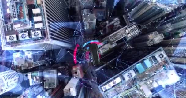 空中。都市の未来的なラインと技術コンセプトの上を飛ぶドローンのアニメーション - 映像、動画