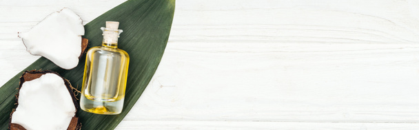 вид сверху на кокосовое масло в бутылке на зеленом пальмовом листе на белой деревянной поверхности, панорамный снимок
 - Фото, изображение
