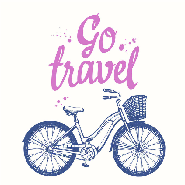 Travel vector illustration with bicycle in sketch style on white background. Brush calligraphy elements for your design. Handwritten ink lettering. - Vetor, Imagem