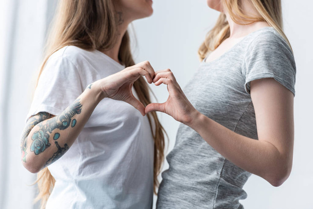 oříznutý pohled na dvě lesbičky ukazující srdeční znamení  - Fotografie, Obrázek