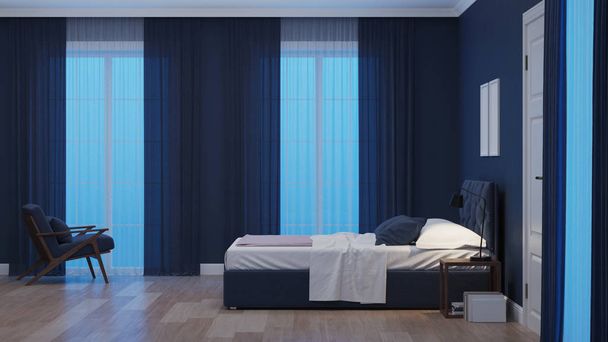 Intérieur de la maison moderne. Chambre en tonnes bleues. Bonne nuit. Eclairage du soir. rendu 3D
. - Photo, image