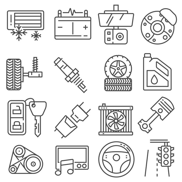 Ilustración vectorial Conjunto de iconos de línea de piezas de coche. Símbolo de reparación de servicio automático, motor de engranajes, llave y filtro
 - Vector, imagen