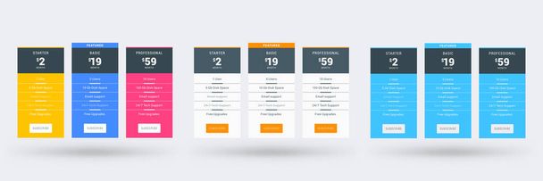 Pricing table design template for websites and applications. Set of three different color variations. Vector pricing plans. Flat style vector illustration - Vektor, Bild