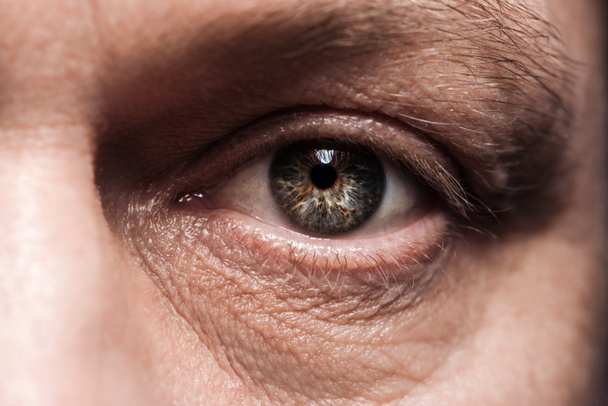 vista de cerca del ojo de hombre maduro con pestañas y cejas mirando a la cámara
 - Foto, imagen