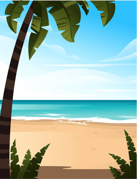 Trooppinen maisema rannikolla kaunis meri ranta palmuja ja kasveja hyvä aurinkoinen päivä tasainen vektori kuva
 - Vektori, kuva