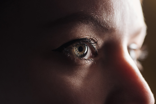 Nahaufnahme einer jungen Frau mit Wimpern und Augenbrauen, die im Dunkeln wegschaut - Foto, Bild