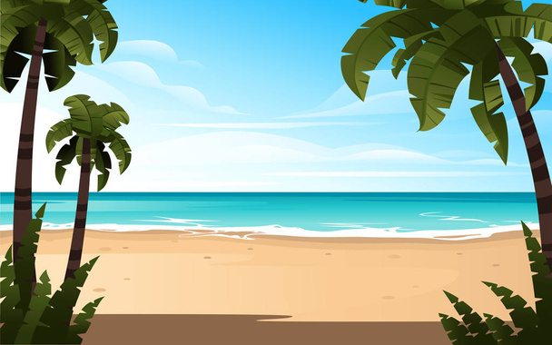Тропический пейзаж побережья красивый пляж на берегу моря с пальмами и растениями на хорошей солнечной день плоской векторной иллюстрации
 - Вектор,изображение