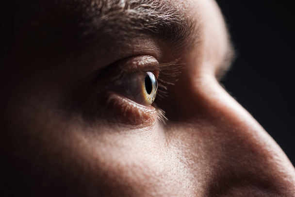 vue rapprochée de l "œil d'homme adulte avec des cils et des sourcils regardant loin dans l'obscurité
 - Photo, image