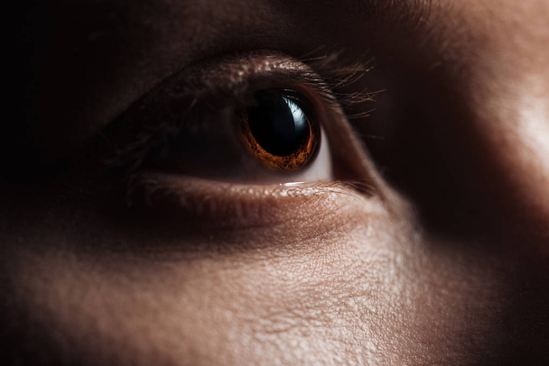 Close-up uitzicht op jonge vrouw bruine ogen op zoek weg - Foto, afbeelding