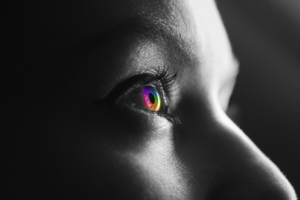 tiro blanco y negro de humano con el ojo colorido del arco iris
 - Foto, imagen