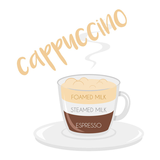 Vektorillustration einer Cappuccino-Kaffeetasse mit ihrer Zubereitung und ihren Proportionen. - Vektor, Bild