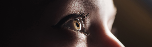 közelről kilátás az emberi színes szem nézett el a sötétben, panoráma lövés - Fotó, kép