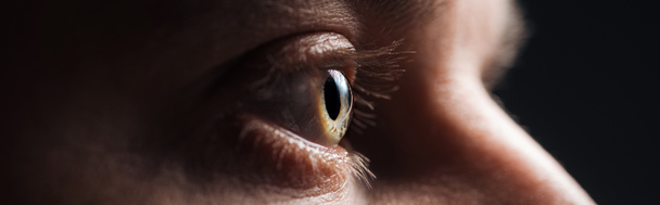 zblízka pohled na lidské oko s řasy, které hledí do tmy, panoramatický záběr - Fotografie, Obrázek