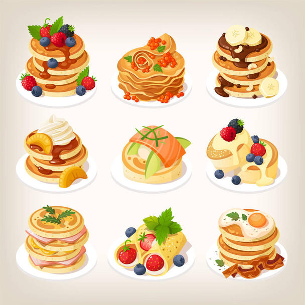 Set de sabrosos platos de panqueques servidos para el desayuno. Ilustraciones vectoriales aisladas
. - Vector, imagen