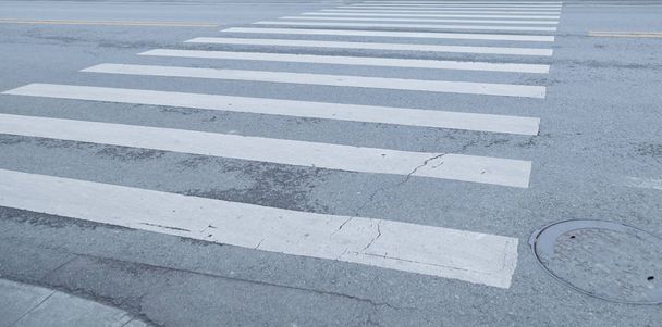 Deze weg is op de campus van de Universiteit. Het is de zebra crossing binnen de school. Witte lijnen op de grijze weg oppervlak, is er een gevoel van design. Kan gebruikt worden als ontwerp materiaal. - Foto, afbeelding