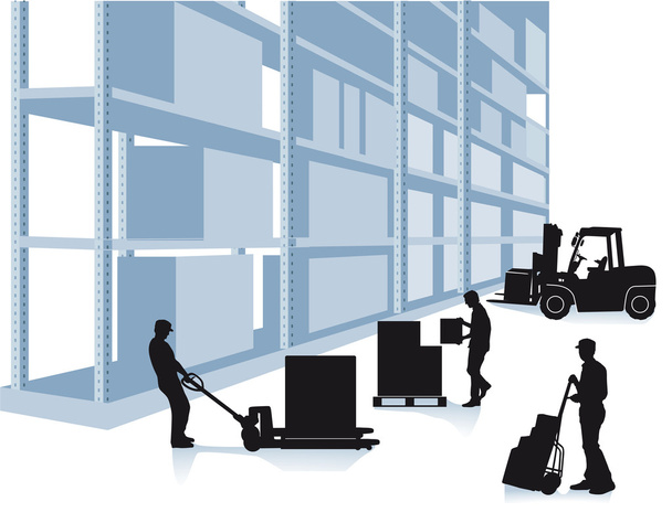 Storehouse with workers and forklift - Vector, Image