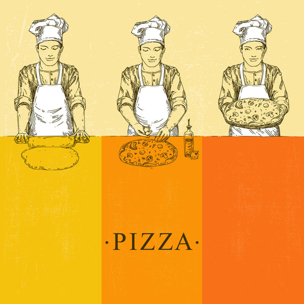 Ετοιμάζει πίτσα. Ο μάγειρας φτιάχνει τη ζύμη, ετοιμάζει πίτσα, κρατώντας ένα πιάτο πίτσα. Vintage στυλ. - Διάνυσμα, εικόνα
