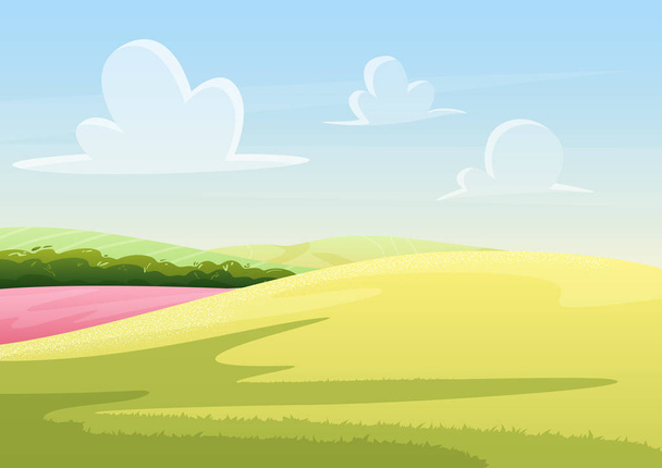 Wolken zweven op blauwe hemel over vreedzame veld met groene gras vector illustratie landschap. - Vector, afbeelding
