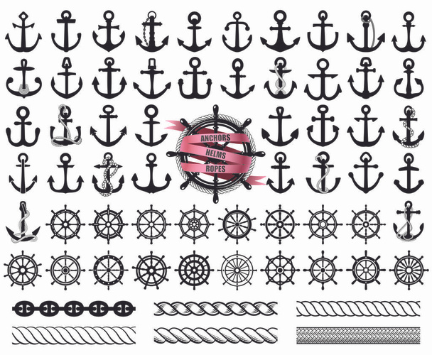 Set of anchors, rudders icons, and ropes. Vector illustration. - Vector, Image