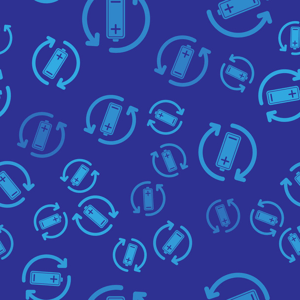 Batería azul con icono de línea de símbolo de reciclaje aislado patrón sin costura sobre fondo azul. Batería con símbolo de reciclaje - concepto de energía renovable. Ilustración vectorial
 - Vector, imagen