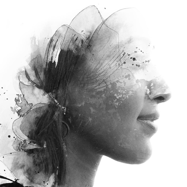 Paintography. Double Exposure portrait of a beautiful ethnic wom - Photo, Image