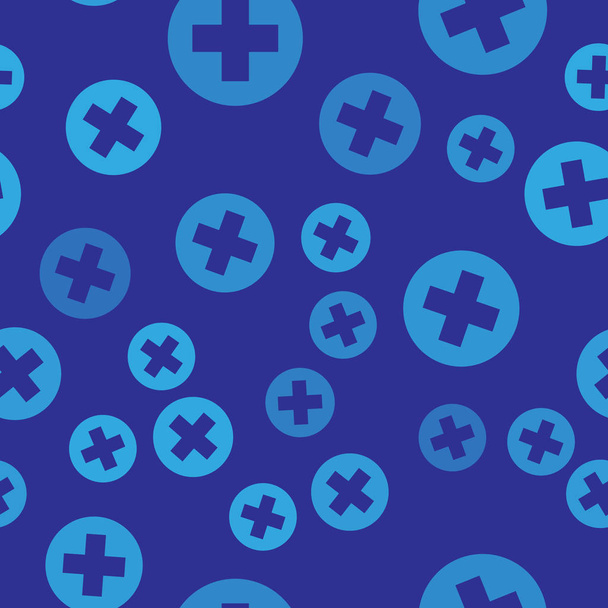 Blauwe medische kruis in cirkelpictogram geïsoleerd naadloze patroon op blauwe achtergrond. Eerste hulp medische symbool. Vector illustratie - Vector, afbeelding