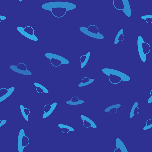 Blauwe UFO vliegende ruimteschip pictogram geïsoleerd naadloze patroon op blauwe achtergrond. Vliegende schotel. Buitenaardse ruimteschip. Futuristisch onbekend vliegend object. Vector illustratie - Vector, afbeelding