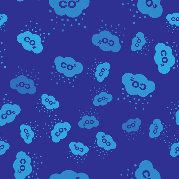 Niebieskie emisje CO2 w chmurze ikona na białym tle bez szwu wzór na niebieskim tle. Symbol formuły dwutlenku węgla, koncepcja zanieczyszczenia smog, koncepcja środowiskowa. Ilustracja wektorowa - Wektor, obraz