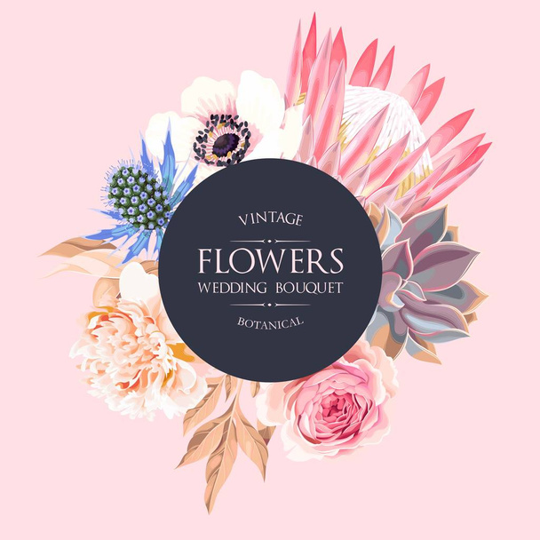 Bruiloft uitnodiging met Protea en andere bloemen - Vector, afbeelding