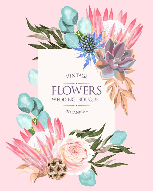Wedding invitation with protea and other flowers - Vector, Image