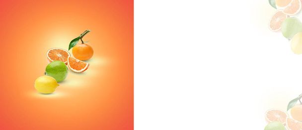 オレンジ色の背景に様々な柑橘系の果物の組成。影とハイライトのアート処理。テキストとデザインの場所. - 写真・画像