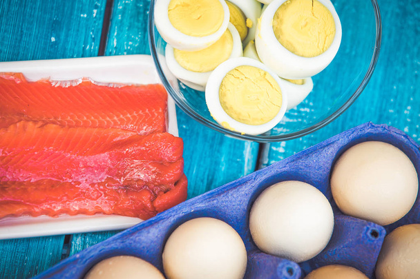 Keto diet eggs and fish. Low carb food  - Foto, Imagem