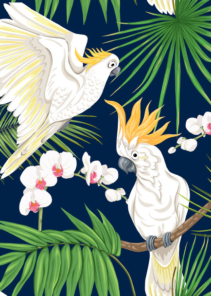 Background with tropical plants, flowers, birds  - Vektor, kép