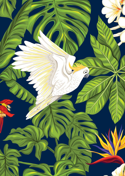 фон с тропическими растениями, цветами, птицами
  - Вектор,изображение