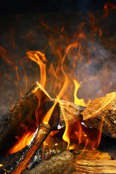 Vista de cerca de un fuego sobre los bosques en llamas en un hoguera
 - Foto, imagen