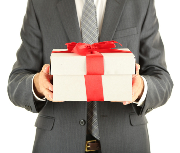 Young businessman present gift box, isolated on white - Foto, Imagem