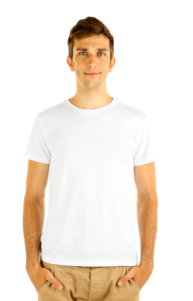 T-shirt on young man isolated on white - Fotoğraf, Görsel