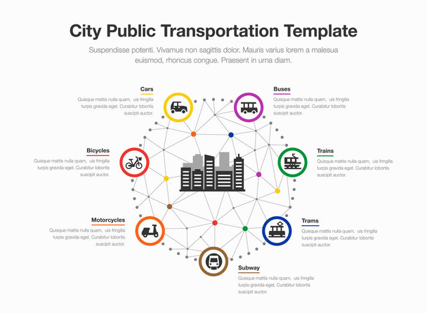 Informační grafika pro městskou veřejnou dopravu s barevným kruhem, ikonami a symbolem města uprostřed izolovaného pozadí. Snadné použití pro web nebo prezentaci. - Vektor, obrázek