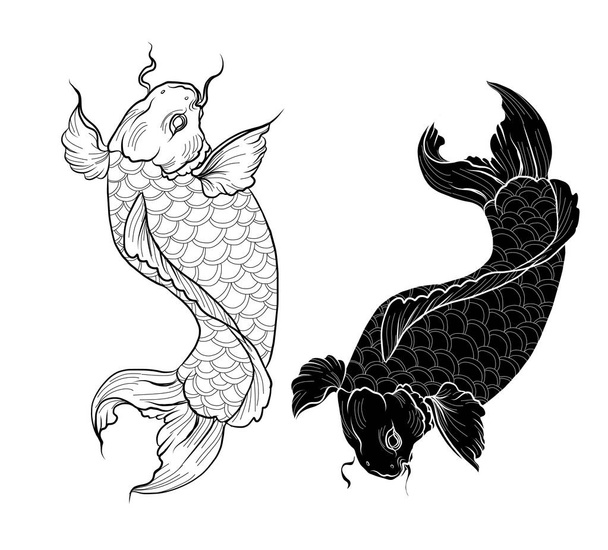 KOI kapry a japonské zlaté rybí tetování. Doodle umění Koi kapr ryby pro japonské tetování. - Vektor, obrázek