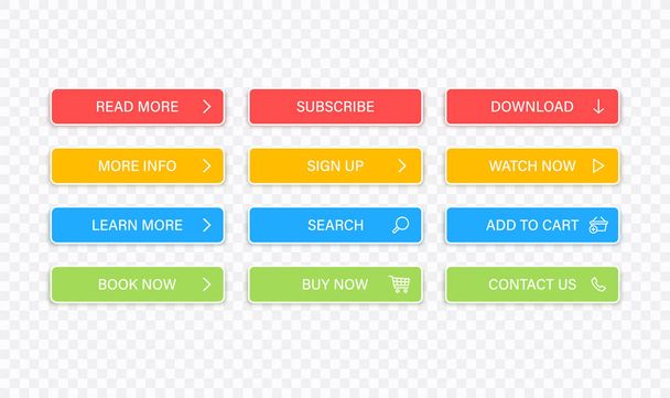 Big collection buttons Read More, learn more, download, subscribe, buy now, sign up, search, conatact us. Different colorful button set. Web icons. Vector illustration. - Vektor, kép