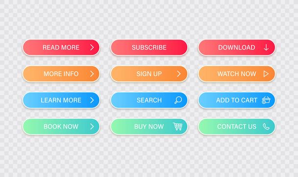 Big collection buttons Read More, learn more, download, subscribe, buy now, sign up, search, conatact us. Different colorful button set. Web icons. Vector illustration. - Вектор, зображення