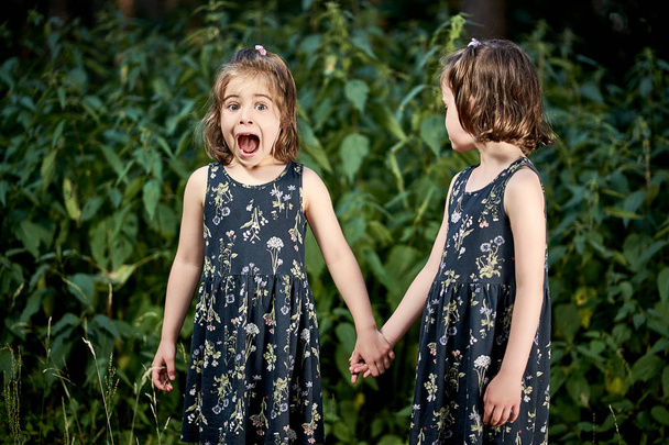 Gyönyörű kislányok félnek a csalán erdőben a nyári napon - Fotó, kép